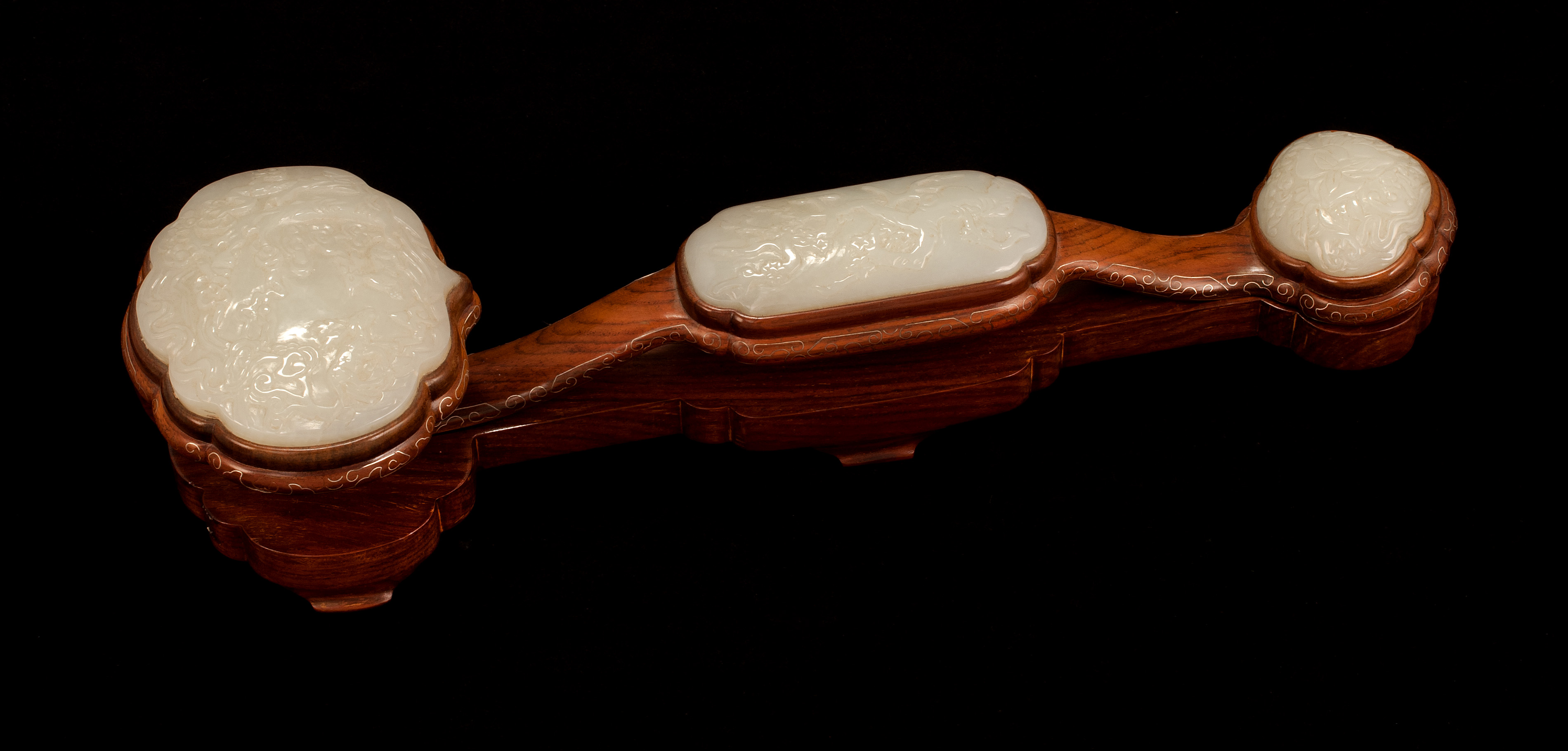 Appraisal: WHITE JADE AND INLAID WOOD RUYI SCEPTER With deer and