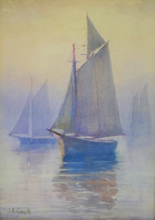 Appraisal: JOHN A COOK NOCTURNAL MISTY SAILBOAT WC PAINTING Massachusetts -