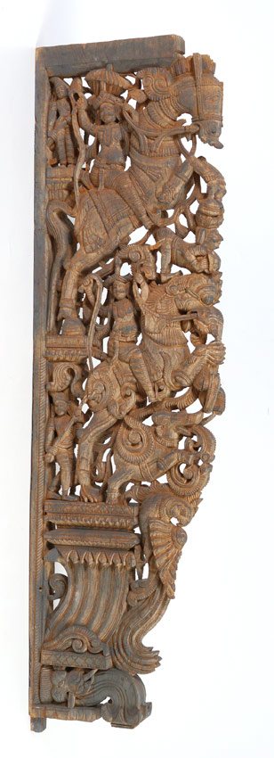 Appraisal: CHINESE ARCHITECTURAL WOOD CARVING Carved with openwork architectural bracket figures