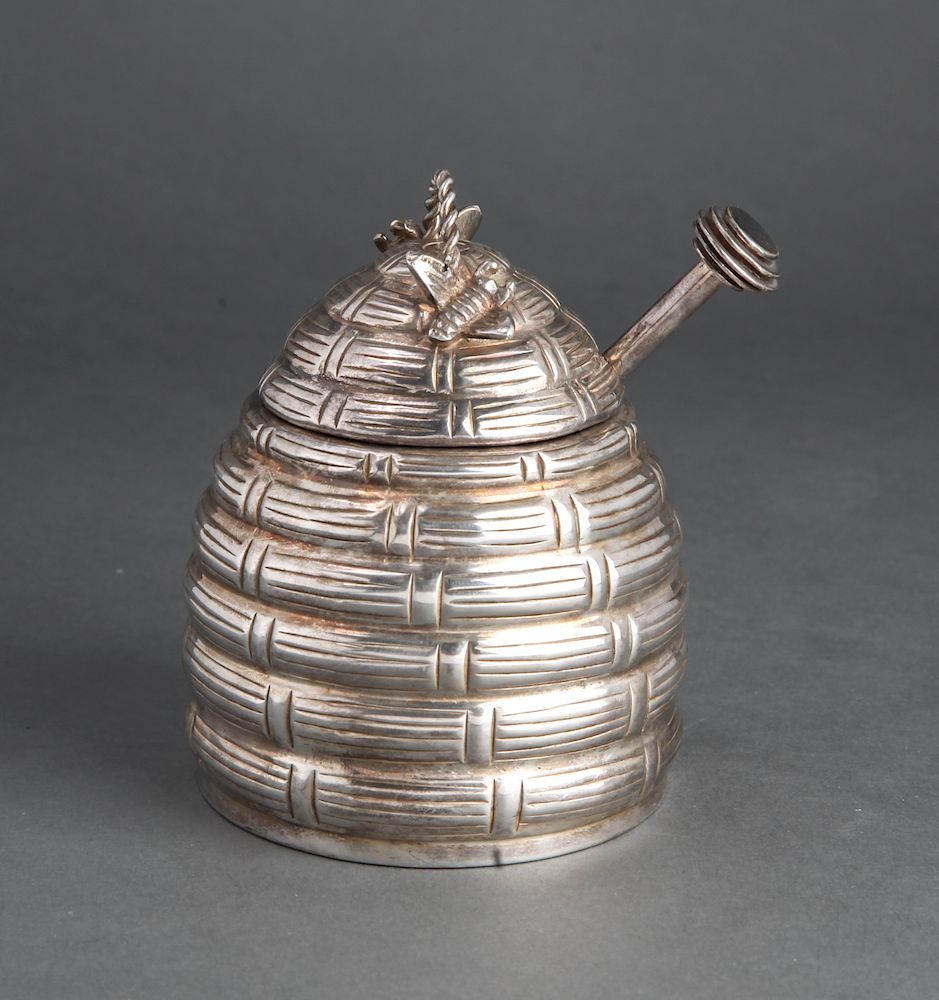 Appraisal: Silver Plate Beehive Form Honey Pot Stick Silver plate beehive