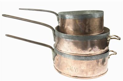 Appraisal: Three copper pans with iron handles two with brass support