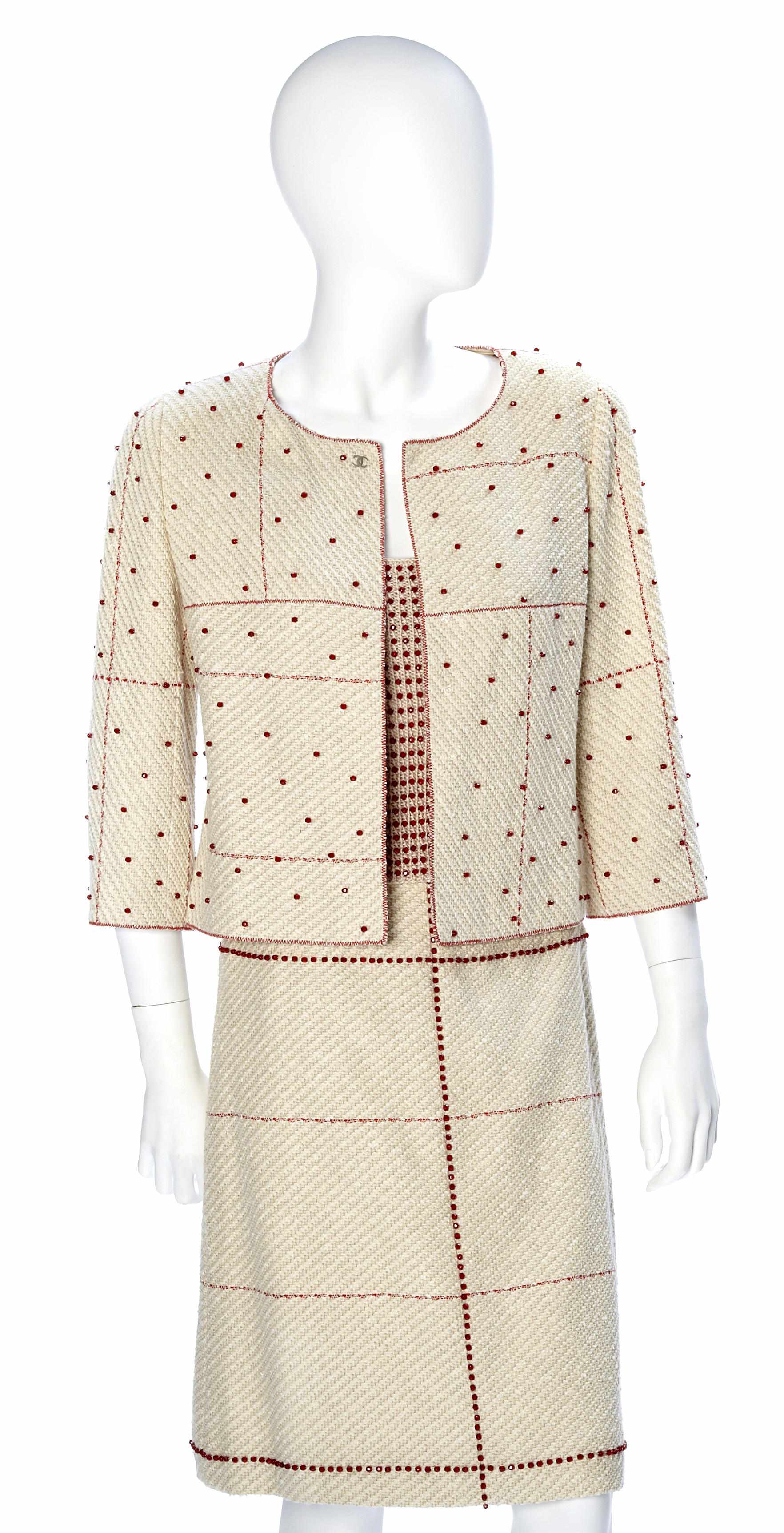 Appraisal: A Chanel red beaded cream wool and linen jacket with