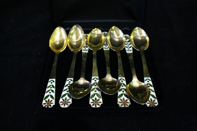 Appraisal: A set of six continental silver gilt and enamel teaspoons