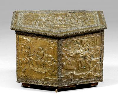 Appraisal: Brass-covered wood box hinged lid exterior with relief brass panels