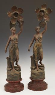 Appraisal: Pair of Art Nouveau Patinated Spelter Newel Post L Pair