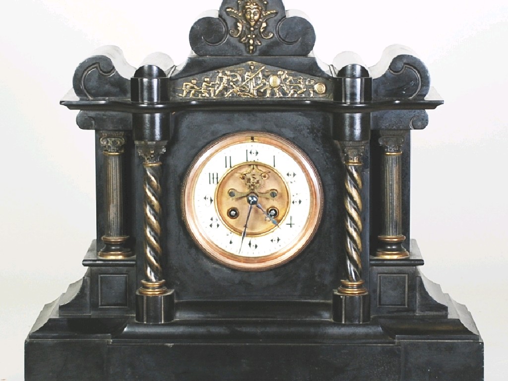 Appraisal: VICTORIAN BLACK SLATE AND GILT METAL MOUNTED MANTEL CLOCK dial