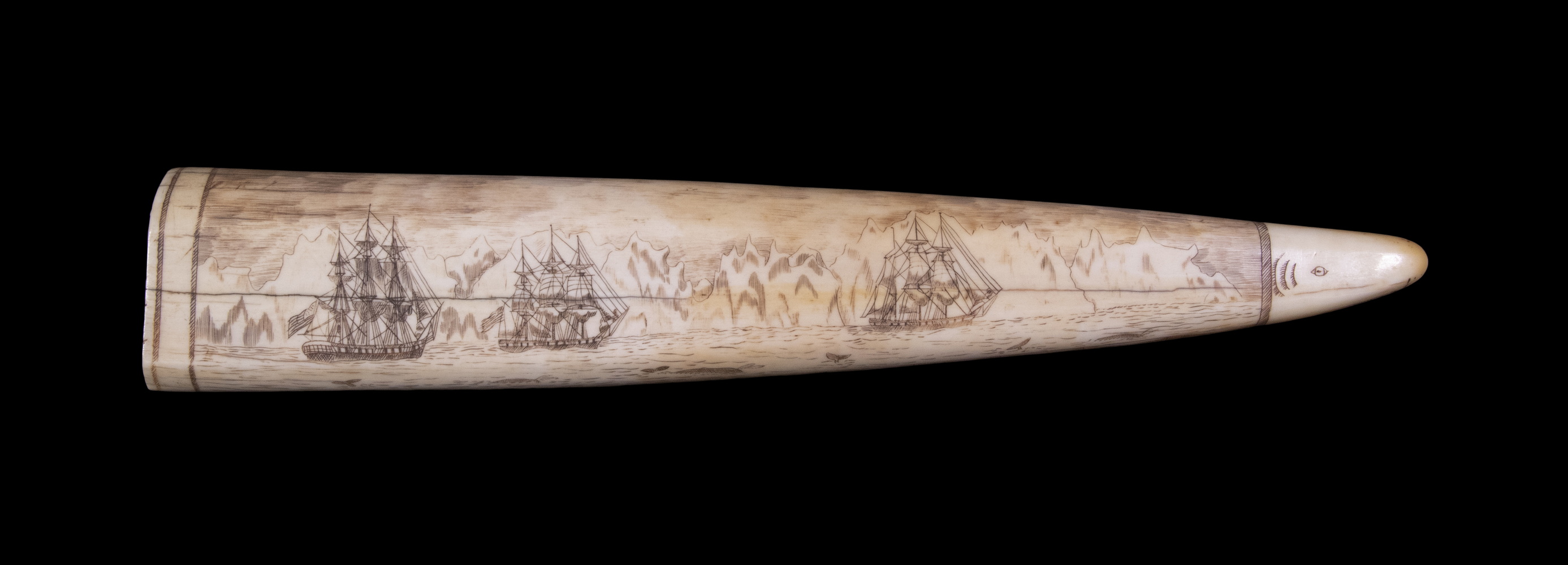 Appraisal: WALRUS TUSK SCRIMSHAW NORTH AMERICA Three Whaling Ships in front