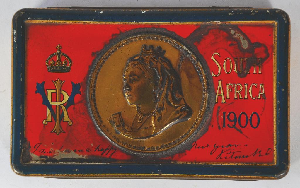 Appraisal: QUEEN VICTORIA SOUTH AFRICA BISCUIT TIN with original contents