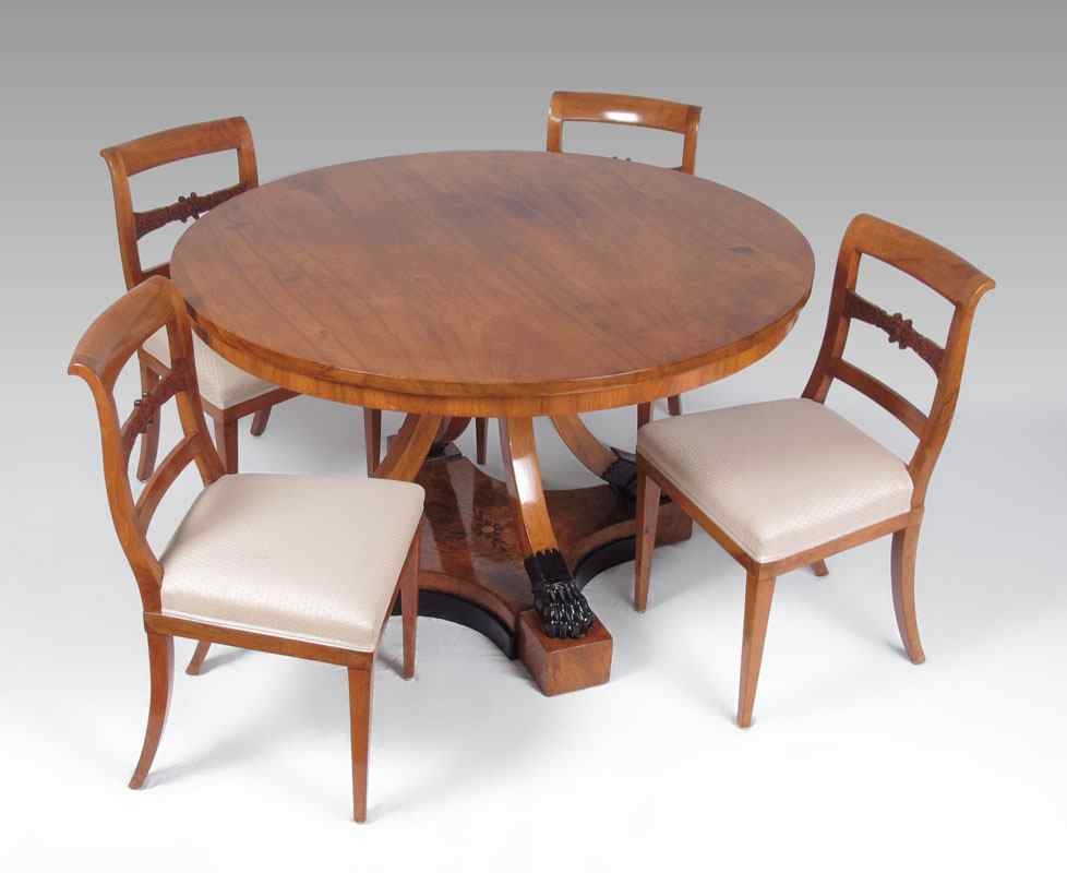 Appraisal: EMPIRE-BIEDERMEIER TABLE WITH CHAIRS Round top table with ebonized claw