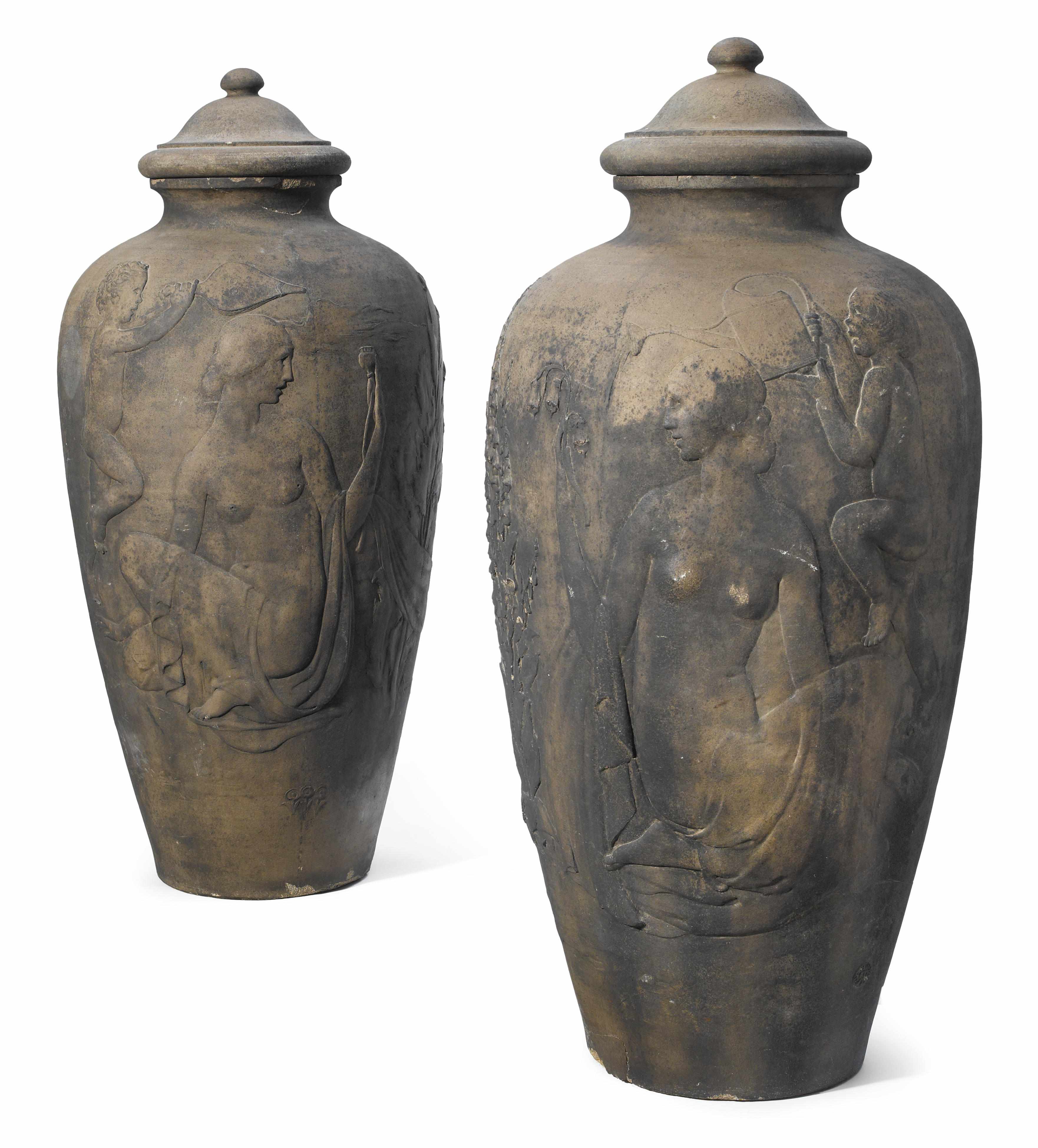 Appraisal: Two monumental Rookwood pottery covered garden urns Ernest Bruce Haswell