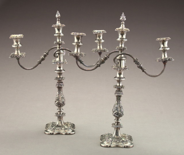 Appraisal: Tall Pair of English Weighted Silverplate Three-Light Candelabra fourth quarter