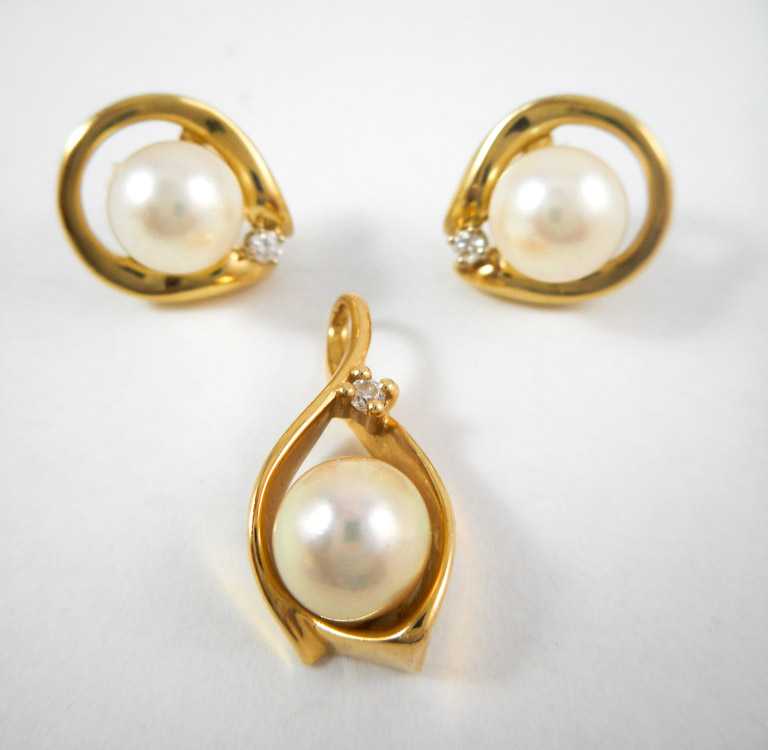 Appraisal: THREE ARTICLES OF PEARL AND DIAMOND JEWELRY including a k