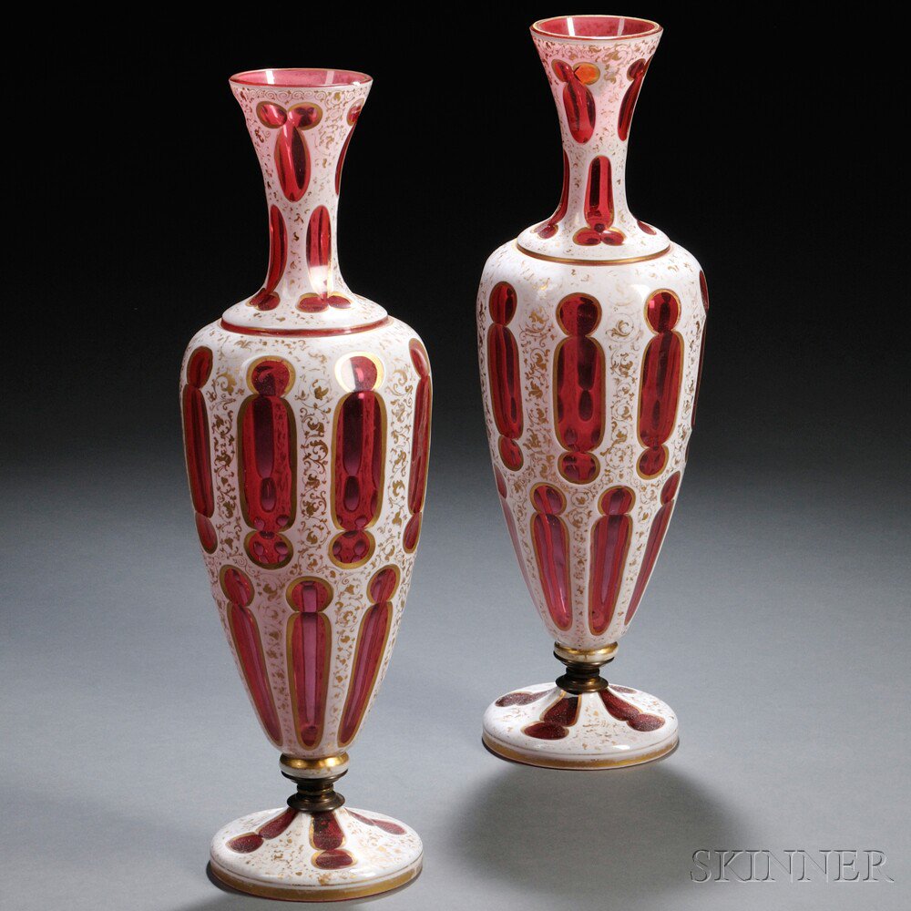 Appraisal: Pair of Bohemian Overlay Glass Vases th century white cut