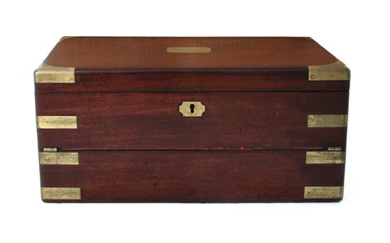 Appraisal: English brass-bound mahogany writing box circa double-hinged folding box with