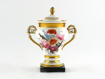 Appraisal: A porcelain Swansea-style two-handled vase and cover each side painted