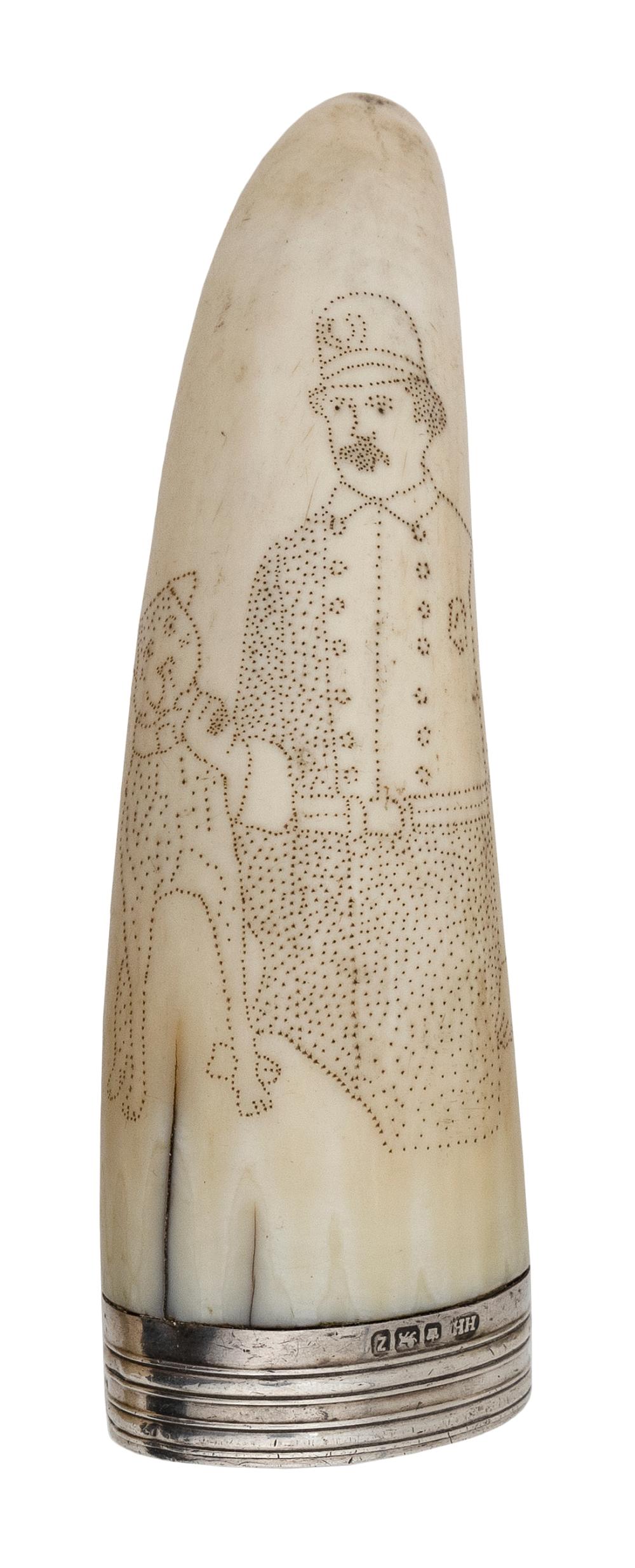 Appraisal: PINPOINT SCRIMSHAW WHALE'S TOOTH WITH A POLICEMAN AND HIS DOG