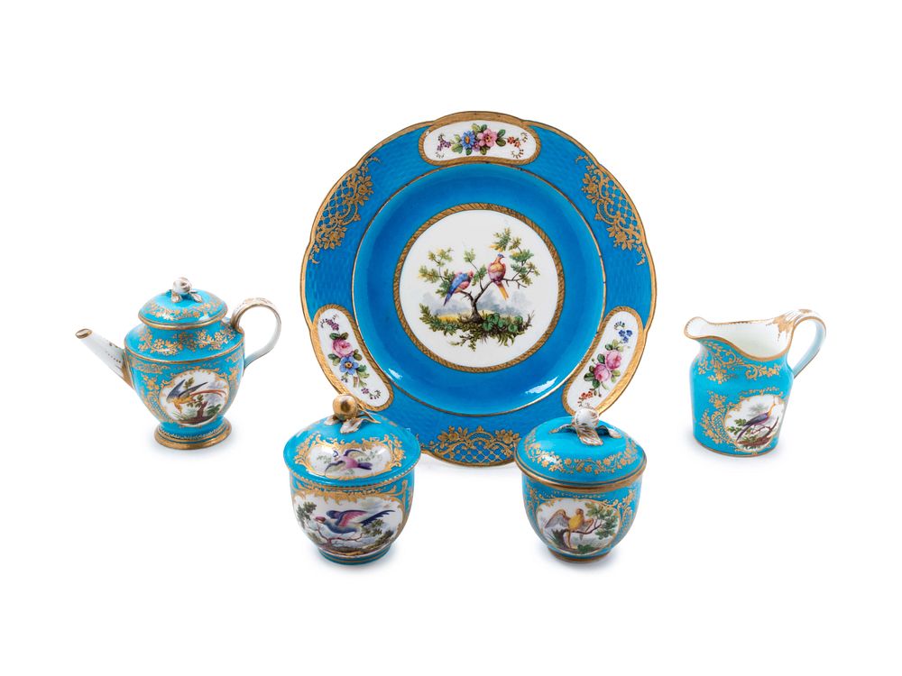 Appraisal: Five Sevres Painted and Parcel Gilt Celeste Blue-Ground Porcelain Tea