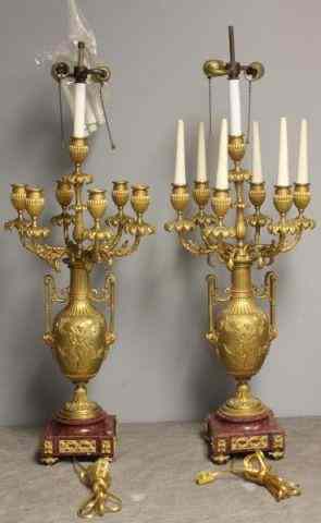 Appraisal: Pair of Bronze and Marble Urn Form Candelabras Signed F