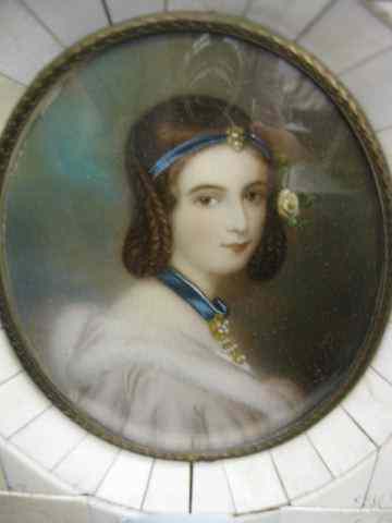 Appraisal: Miniature Painting on Ivory of Lady Eshine fancy jewels oval