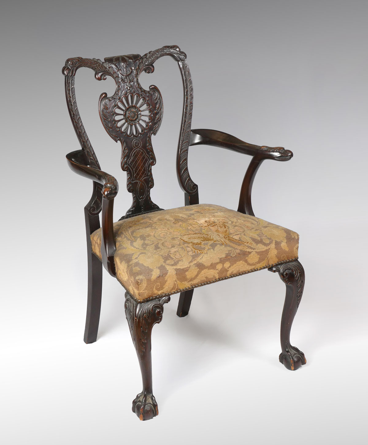 Appraisal: IMPRESSIVE CHIPPENDALE STYLE CARVED ARMCHAIR Carved Phoenix Bird Neck and