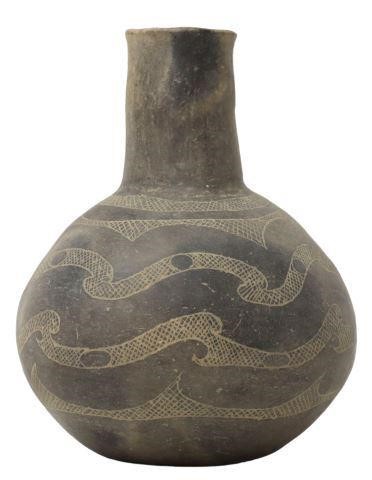 Appraisal: Native American pottery bottle with later engraving approx h diam