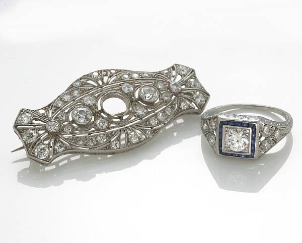 Appraisal: An art deco sapphire diamond and platinum ring together with