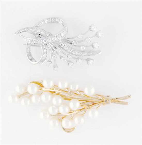 Appraisal: Diamond brooch and pearl brooch K white gold and diamond