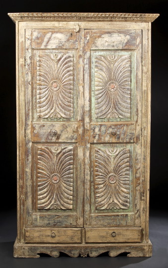 Appraisal: Provincial Polychromed Wood Armoire early th century the foliate-carved and