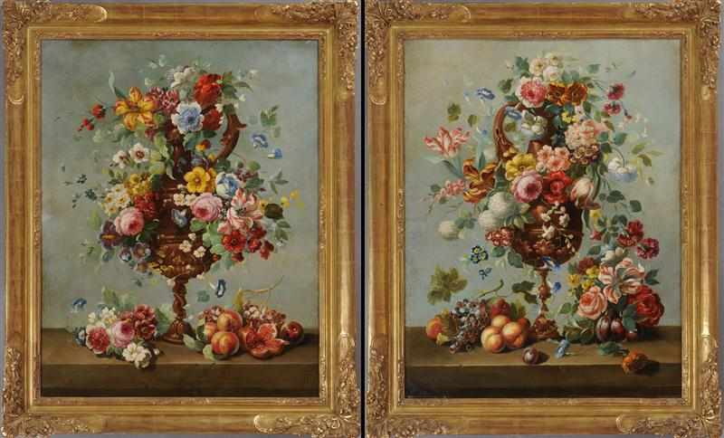 Appraisal: EUROPEAN SCHOOL PAIR OF FRUIT AND FLORAL STILL LIFES IN