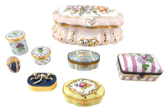 Appraisal: th C porcelain and enamel boxes mostly snuff eight pieces