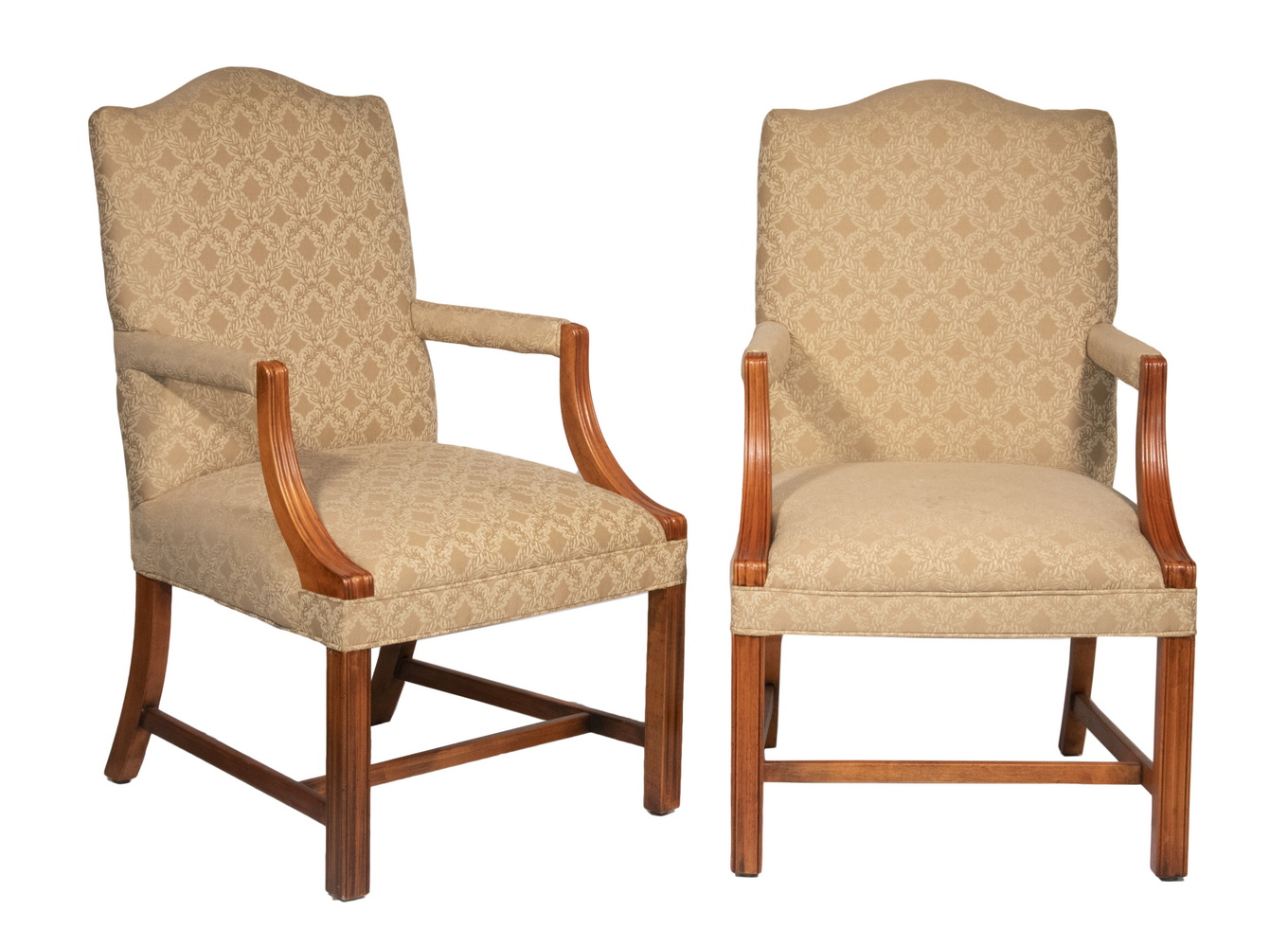 Appraisal: A PAIR OF CUSTOM HEPPLEWHITE ARMCHAIRS Camel Back Upholstered Open