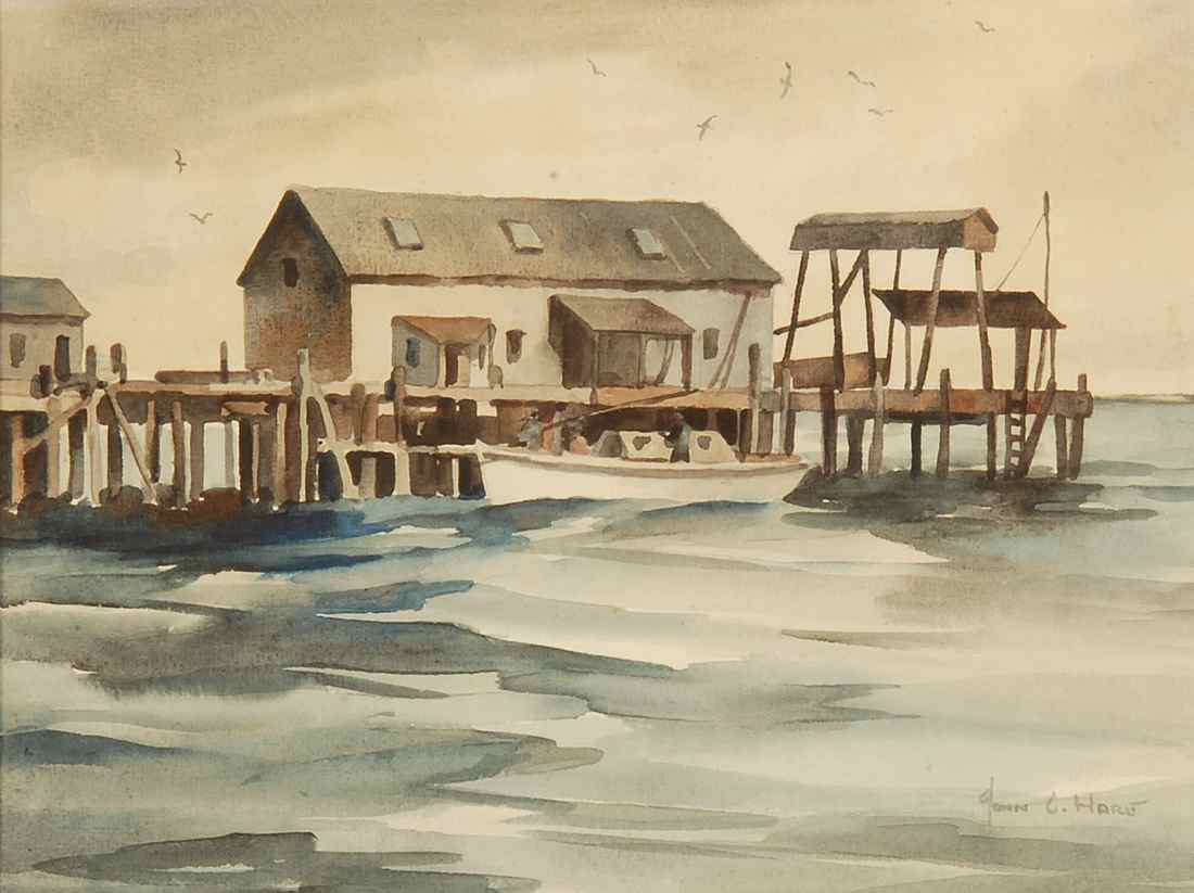 Appraisal: JOHN CUTHBERT HAREAmerican - Fishing boat at a pier Signed