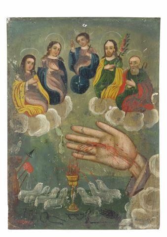 Appraisal: Oil on tin retablo Mexico La Mano Poderosa The All