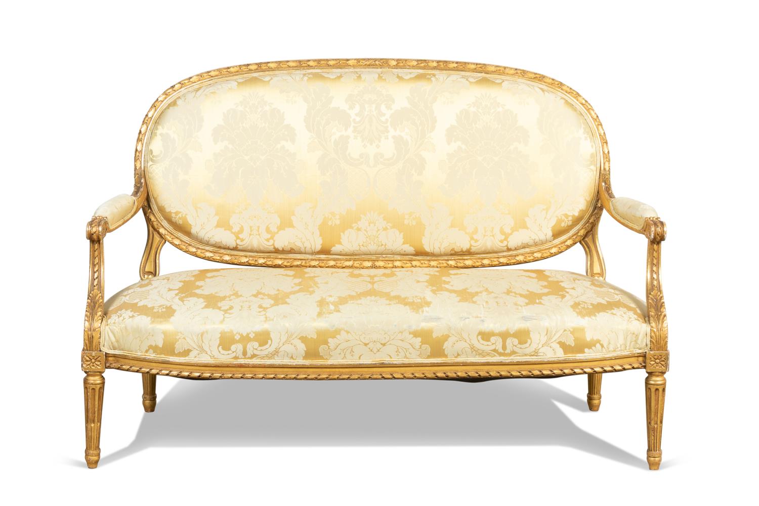 Appraisal: FRENCH LOUIS XVI STYLE SETTEE DAMASK UPHOLSTERY French Louis XVI