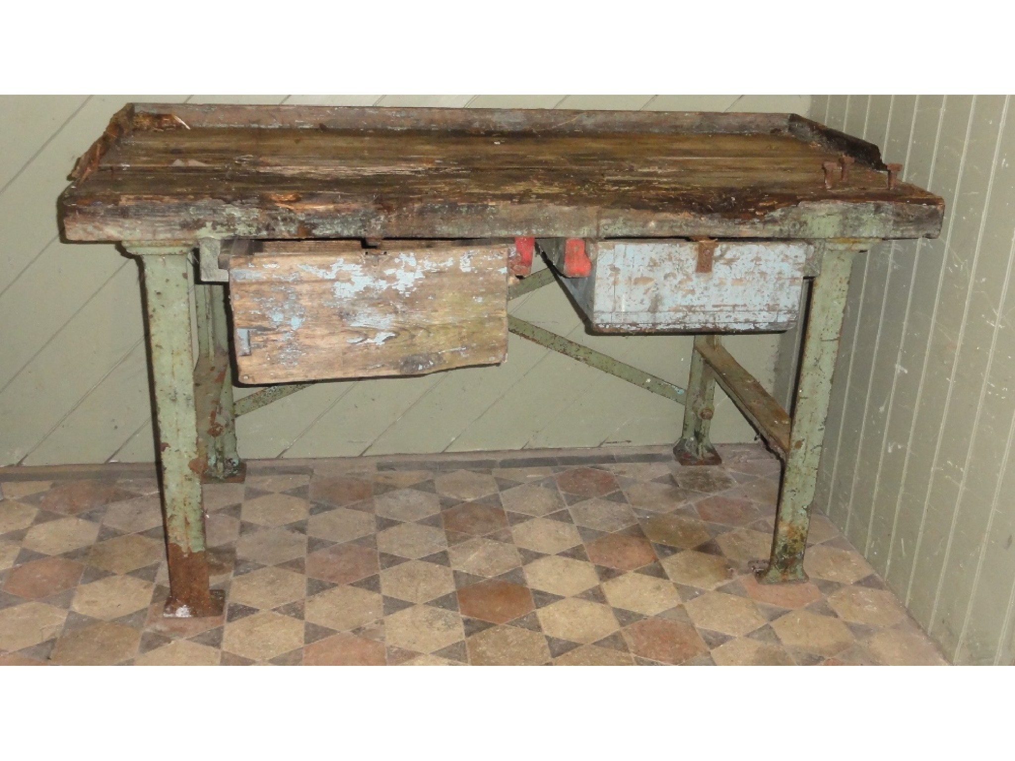 Appraisal: A vintage work bench the rectangular thick wooden top AF