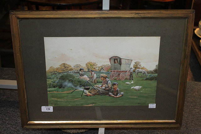 Appraisal: Florence HolmesA gypsy caravan and gypsies round the fire signed