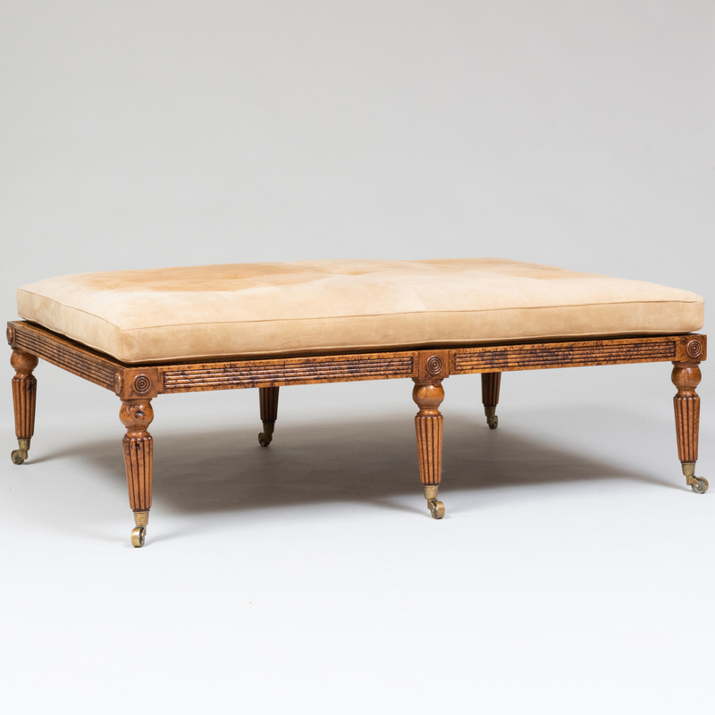 Appraisal: Regency Style Burl Oak Caned and Suede Upholstered Low Table