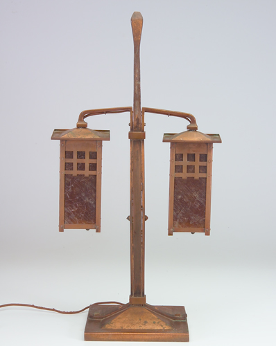 Appraisal: GUSTAV STICKLEY Attr Hammered copper double lantern table lamp with