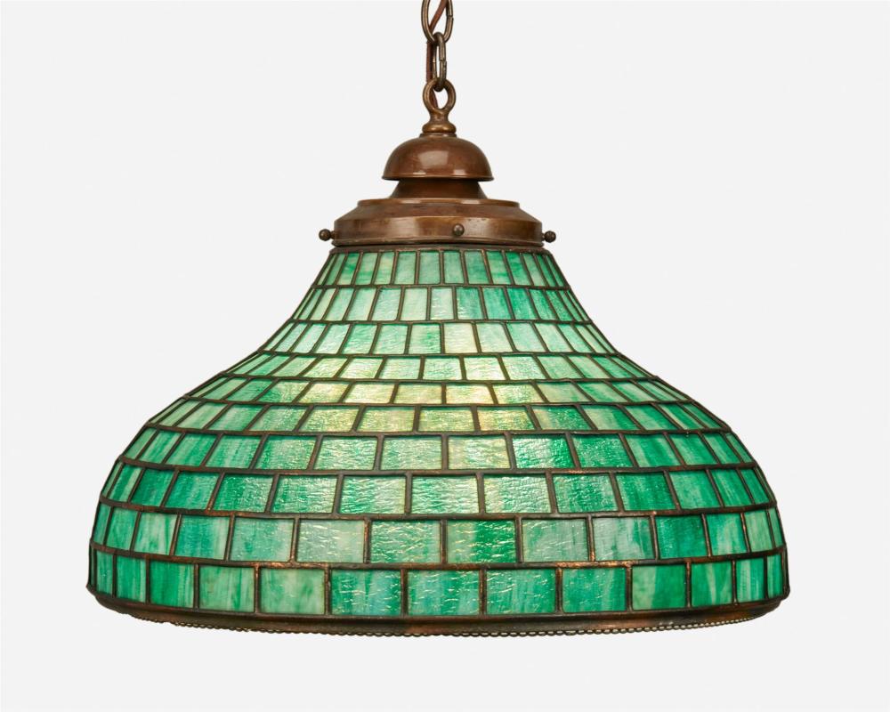 Appraisal: A green leaded glass chandelier First-quarter th Century The three-light