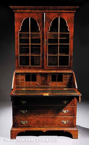 Appraisal: An Antique Georgian-Style Burled Walnut Bureau Bookcase with a cove