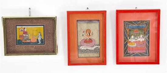 Appraisal: Miniature Mughal painted pictorial scenes Indian th th century THREE