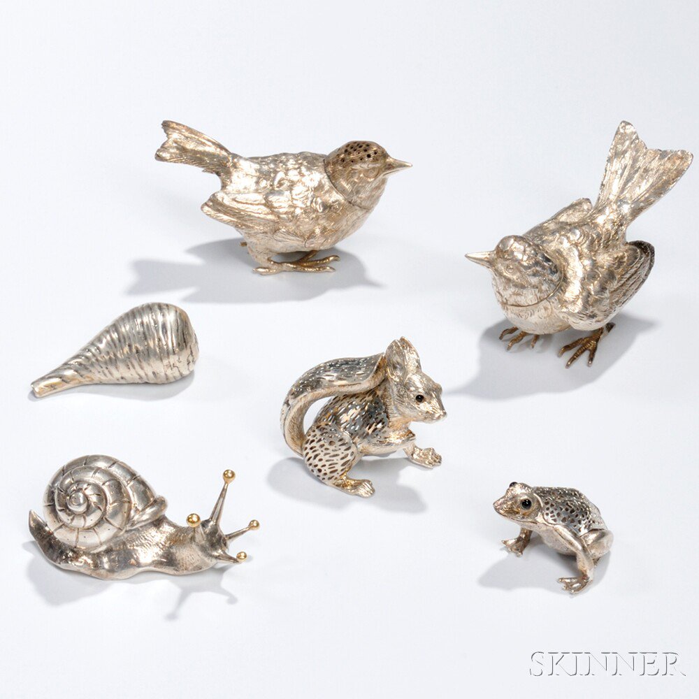 Appraisal: Six Mostly Sterling Silver Animal Figures a Buccellati snail with