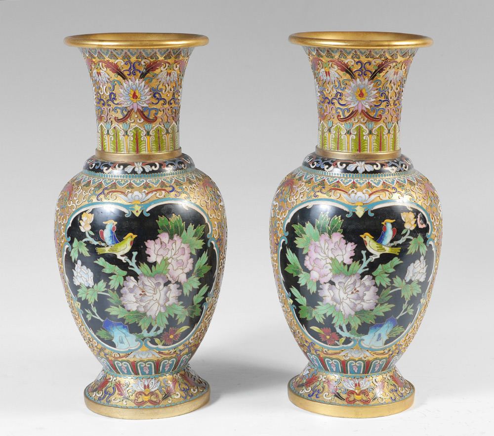 Appraisal: PAIR CHAMPLEVE VASES Raised enamel on brass with floral motif