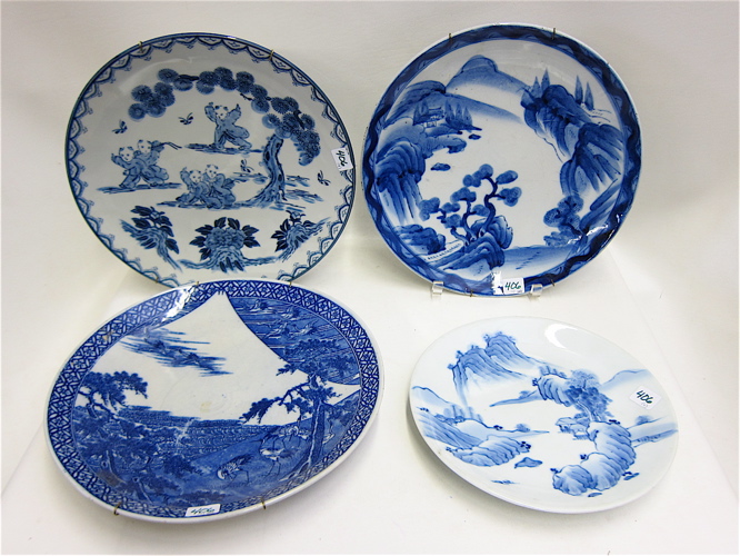 Appraisal: FOUR JAPANESE AND CHINESE PORCELAIN BLUE AND WHITE CHARGERS AND