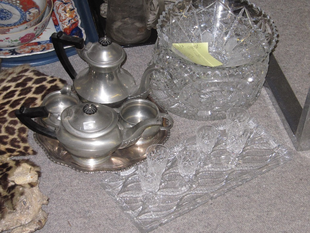 Appraisal: Lot comprising four piece teaservice on tray and assorted crystal