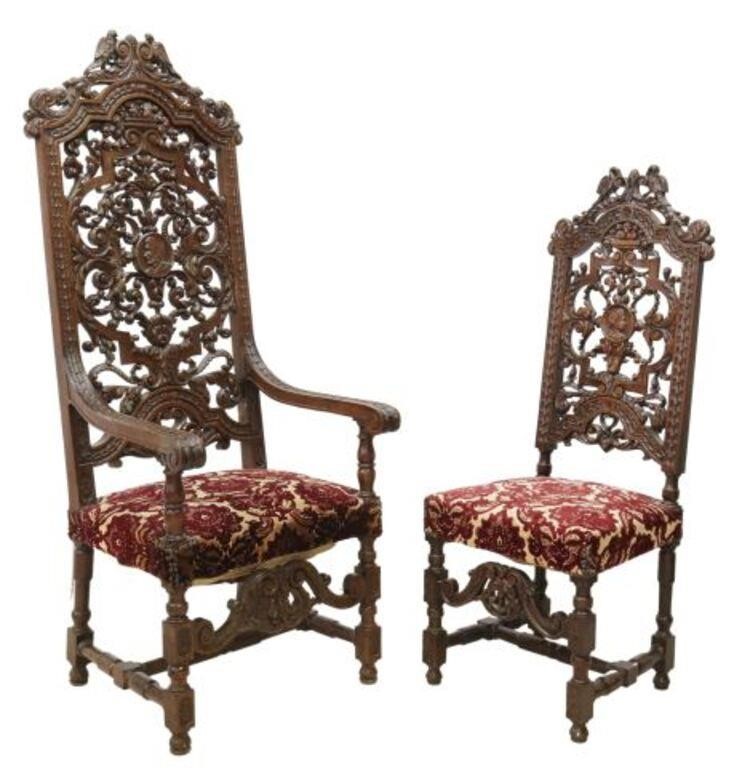 Appraisal: lot of Spanish Renaissance Revival carved and upholstered highback chairs