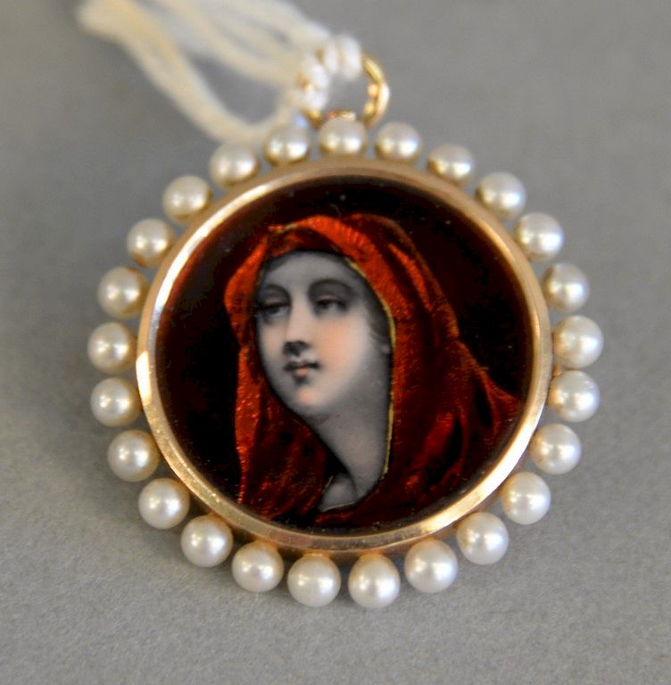 Appraisal: Gold and enameled pendant brooch with portrait of woman with