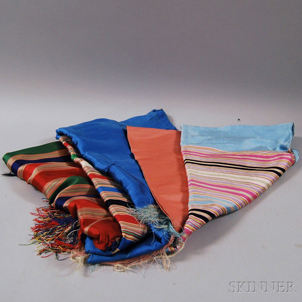 Appraisal: Four Multicolored-striped and Fringed Silk Shawls Italy late th century