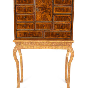 Appraisal: A William Mary Style Cross-Banded Burlwood Cabinet on a Giltwood