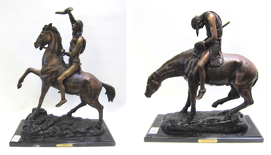 Appraisal: TWO WESTERN BRONZE HORSE AND INDIAN RIDER SCULPTURES Frederic Remington's